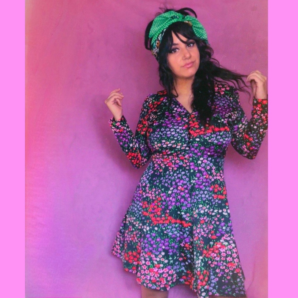 60s 70s Fit & Flare Psychedelic Red and  Purple Floral Black Dress